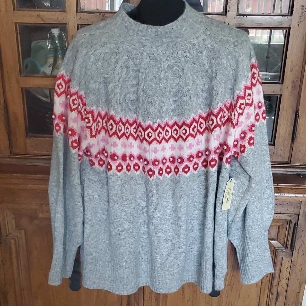 St. John's Bay Gray Turtleneck with Pink and Red Accents - Picture 1 of 8